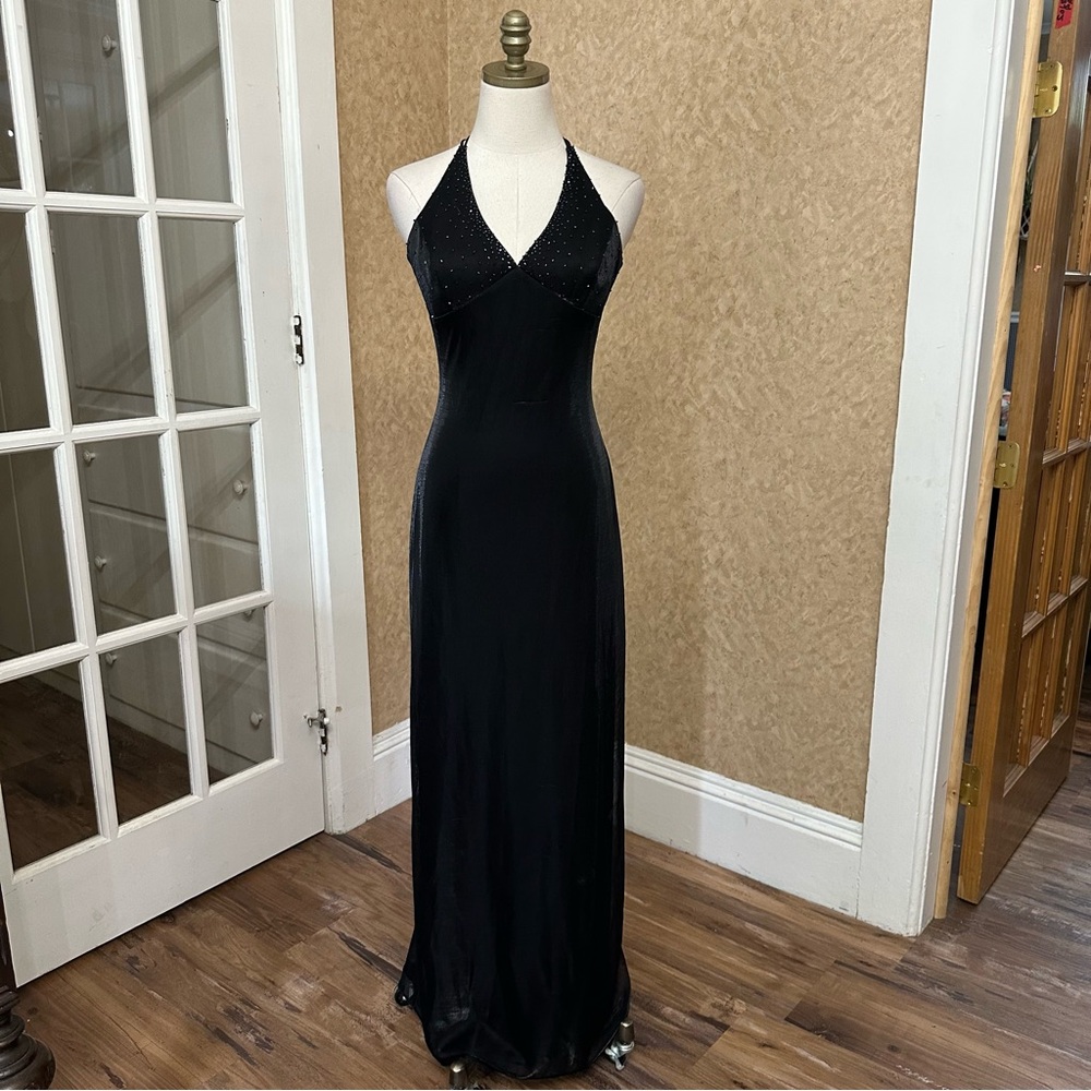 VTG Y2K 90s Black Beaded Goth Princess Strappy Open Back Formal Prom Gown Dress